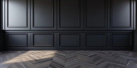 Modern classic black color empty interior with wall panels, moldings and wooden floor. Blank room...