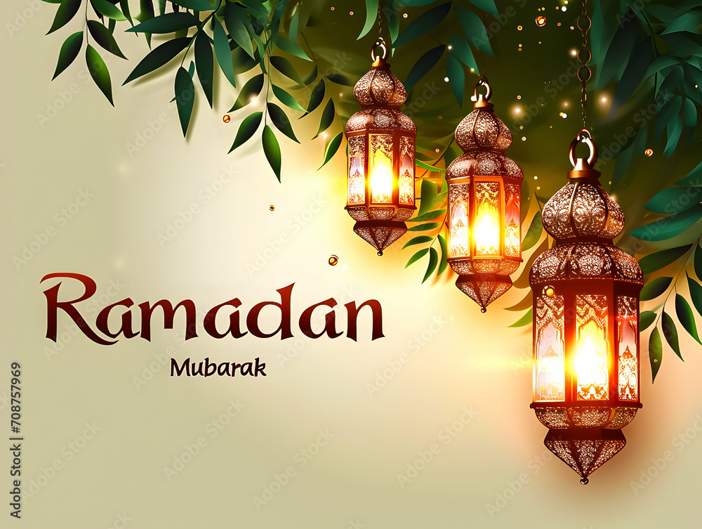 Wall mural greeting card for ramadan with lanterns and tree.