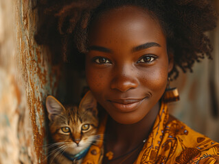 Black History Month Emotional close-up of African woman looking at camera with a kitten. Visual headshot of the peaceful expression of a black girl of African descent. Ethnic identity concept - obrazy, fototapety, plakaty