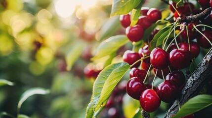  a tree filled with lots of ripe cherries on top of a green leaf covered tree branch next to a forest filled with lots of ripe cherries on a sunny day.