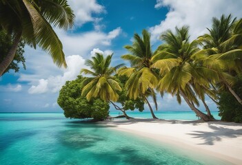 Fototapeta na wymiar Beautiful beach with white sand turquoise ocean blue sky with clouds and palm tree over the water on