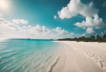 Fototapeta na wymiar Beautiful beach with white sand turquoise ocean and blue sky with clouds in sunny day Panoramic view