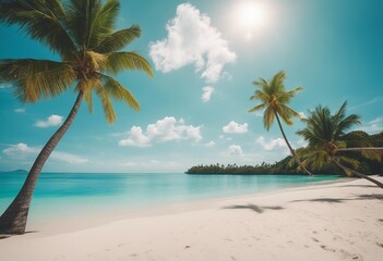 Beautiful beach with white sand turquoise ocean green palm trees and blue sky with clouds on Sunny d