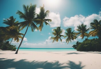 Beautiful beach with white sand turquoise ocean green palm trees and blue sky with clouds on Sunny d