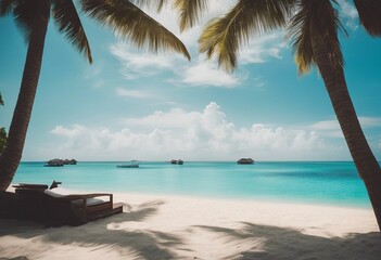 Beautiful beach with white sand turquoise ocean blue sky with clouds and palm tree over the water on