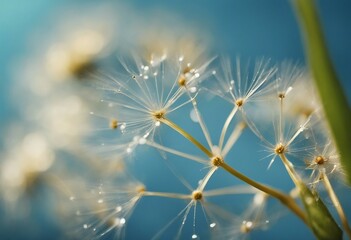 Beautiful dew drops on a dandelion seed macro Beautiful blue background Large golden dew drops on a