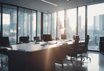 Fototapeta na wymiar Beautiful blurred background of a light modern office interior with panoramic windows and beautiful