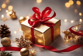 Christmas light gold background with beautiful Golden gift box with red ribbon fir branches cones st