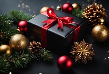 Fototapeta na wymiar Christmas dark black background with beautiful texture and Golden gift box with red ribbon serpentin