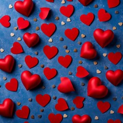 Red silk hearts on a Blue color background