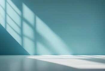 Minimal abstract light blue background for product presentation Shadow and light from windows on pla - obrazy, fototapety, plakaty