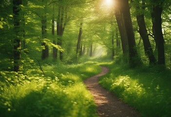 Fototapeta na wymiar Path footpath in the deciduous forest in spring in the summer in the morning sun Young lush green tr