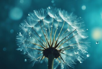 Seeds of dandelion flowers with water drops on a blue and turquoise background macro