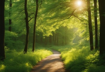 Path footpath in the deciduous forest in spring in the summer in the morning sun Young lush green tr