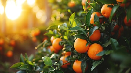  a bunch of oranges growing on a tree with the sun shining through the leaves and the sun shining down on the branches of the oranges in the background.