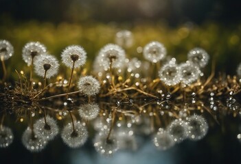 Obraz premium Seeds dandelion mirror reflection Dark background dandelions in the drops dew with a beautiful golde