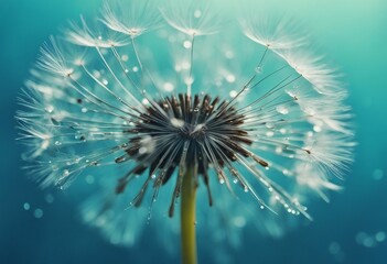 Seeds of dandelion flowers with water drops on a blue and turquoise background macro