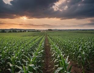 Fototapeta premium Panoramic view of Corn field plantation with cloud sky background