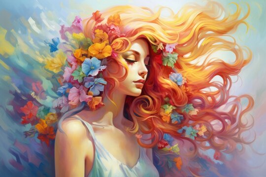 Woman with colorful hair and flowers. Romantic lady. Rainbow illustration in style of oil painting. Postcard, greeting for International Women's Day, Valentines Day. Wall decor, print.