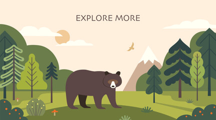 Forest landscape with bear, mixed forest and mountain. Vector illustration of sunny woodland in flat style. - 708759510