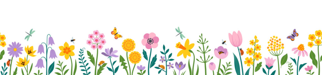 Vector seamless horizontal banner of blossom spring flowers. Wildflowers and insects isolated on white background. Vector flat style flower landscape border. - 708759519