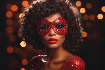 Glamorous brunette with bright makeup in a masquerade mask and red sequin dress. Concept for masquerade, holiday and corporate party. Ideal for fashion, event promotions, luxury content