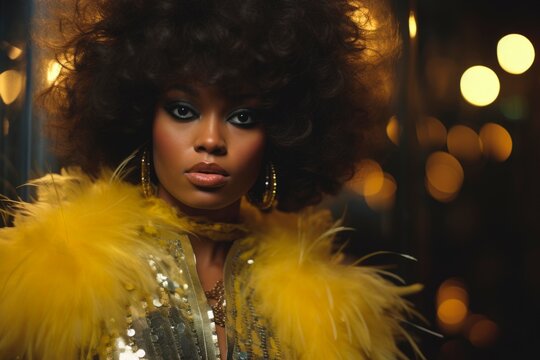 African American woman with voluminous hair and golden attire. Retro style with a focus on 80s fashion. Concept for masquerade, holiday and corporate party. Suitable for fashion and style publication