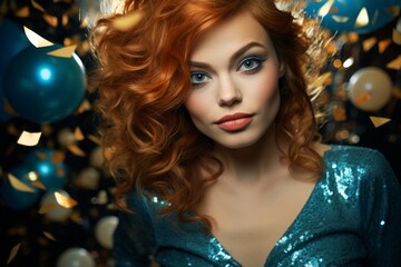 Young glamorous redhead woman with bright makeup in a blue sequin dress on a festive background with balloons. Concept for masquerade, holiday, corporate party and nightlife