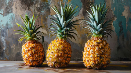  three pineapples sitting next to each other in front of a peeling paint peeling paint on the wall and peeling paint on the floor and peeling paint on the walls.