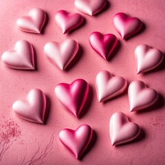 Fototapeta premium Pink silk hearts on a pink concrete background