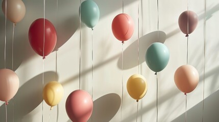 Fototapeta na wymiar a group of balloons hanging from strings in a room with a shadow of a wall and a shadow of a person's hand on the wall behind the balloons.