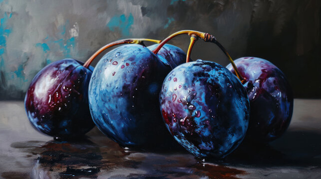  a painting of a group of plums on a table with water droplets on the surface and on the bottom of the painting is a dark blue and black background.