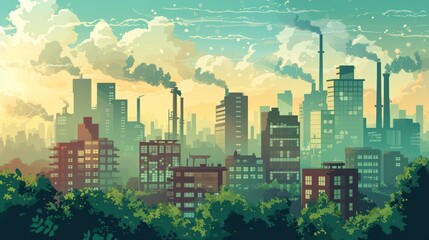 a painting of a cityscape with smoke coming out of the stacks of buildings and trees in the foreground and a yellow sky with clouds in the background.