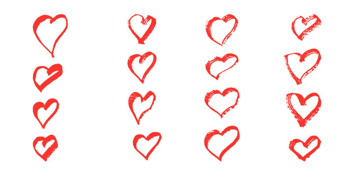 Brushes and elements for notes highlighting text. Set of hand drawn hearts. Vector illustration...