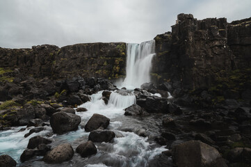 Fototapeta na wymiar Oxararfoss Waterfall at Thingvellir, Iceland. attractions on the Golden Circle tourist route