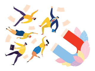 Attraction customers marketing strategy vector illustration. Distribution advertising on social networks in order to increase audience loyalty and meet user need. Horseshoe magnet pull group people.