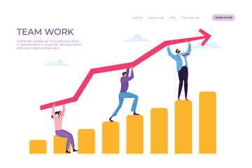 Business team work landing vector illustration. Group people achieve common goal, generate successful ideas, collaborate together to seek high results. Employee keep graph going up.