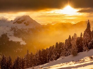 Snow covered mountains landscape photography at golden hour