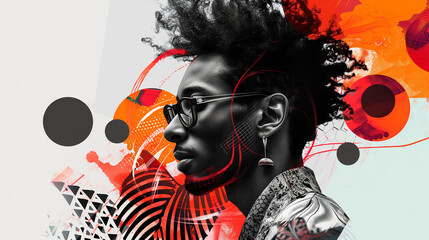 Horizontal modernist collage for Black History Month. Funky pop visual of stylish black man in dynamic dimensions. Concept art about empowerment, equality and rights of African American people - obrazy, fototapety, plakaty