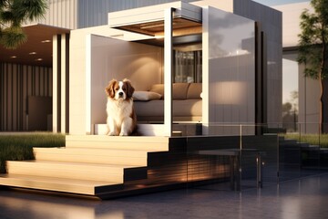 Experience the captivating allure of a contemporary dog house through an authentic portrayal that captures the essence of its modern architecture - obrazy, fototapety, plakaty