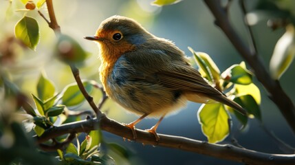 a small bird perched on top of a leaf covered tree branch in a tree with lots of green leaves in the foreground and a blue sky in the background.