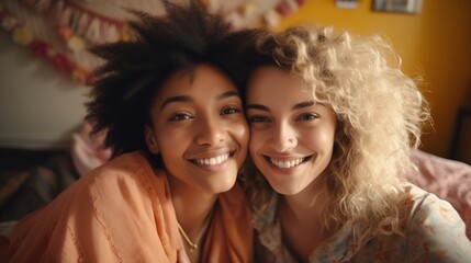 Fototapeta premium Two young multiethnic women smiling at the camera