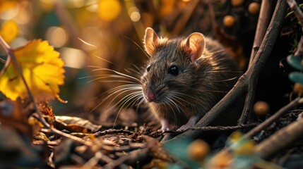  a brown rat sitting on top of a pile of dirt next to a bunch of leaves and a leafy green plant with yellow flowers in it's foreground.
