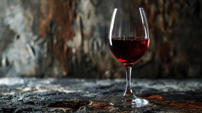  a glass of red wine sitting on top of a table next to a stone wall and a stone wall behind it, with a small amount of red wine in the glass in the foreground.