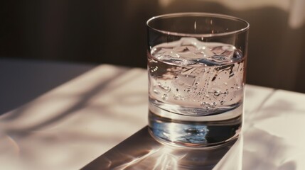  a glass filled with water sitting on top of a white table next to a shadow of a light shining on the surface of a white sheet of paper on the table.