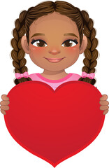 Valentine day with American African little girl with pigtail hair holding red heart cartoon PNG