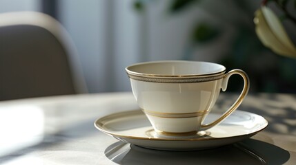 Fototapeta premium a white and gold coffee cup and saucer on a white table with a potted plant in the background on a white table cloth with a white table cloth.