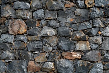 A brick wall made of various rocks and stones