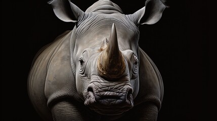 Fototapeta na wymiar a close up of a rhino's face on a black background with the rhino's tusks curled up and the rhino's horn curled up.