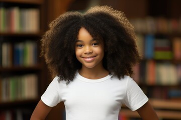 Portrait of a young African-American girl smiling in a library